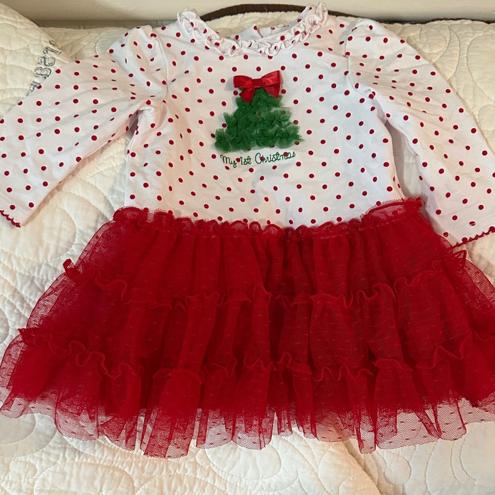Little Me First Christmas Festive Red and White Polka Dot Dress